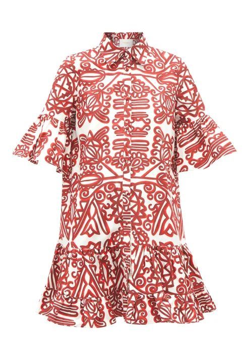 La DoubleJ - Choux Ruffled Parnaveg-print Mini Shirt Dress - Womens - Red Multi