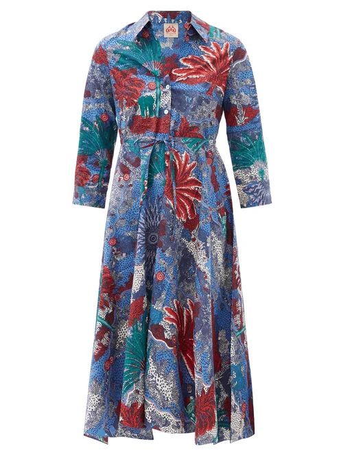 Le Sirenuse, Positano - Lucy Palm-print Belted Cotton Dress - Womens - Blue Print