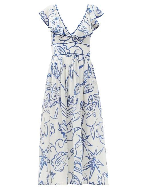 Frida Ruffled Floral-print Cotton Dress - Womens - Blue Print