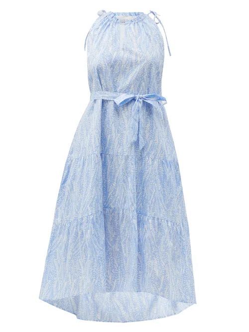 Heidi Klein - Cape Verde Tie-waist Feather-print Cotton Dress - Womens - Blue Print