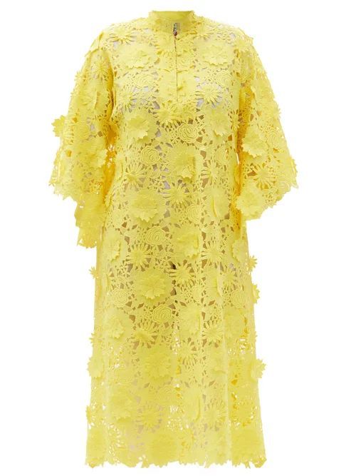 La Vie Style House - No.513 Floral-appliqué Guipure-lace Kaftan - Womens - Yellow