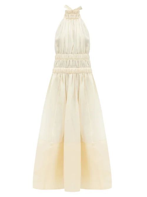Halterneck Gathered Linen-blend Organza Dress - Womens - Ivory