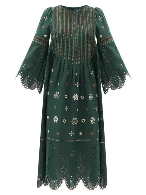 Jacqueline Broderie-anglaise Linen Midi Dress - Womens - Dark Green