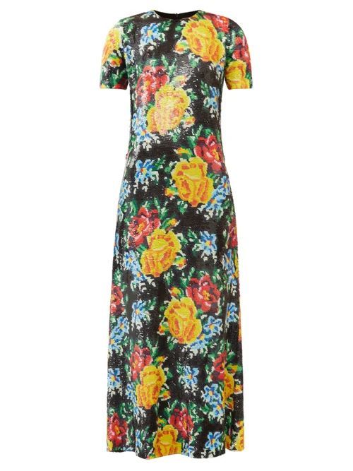 Floral Sequinned-georgette Maxi Dress - Womens - Black Multi