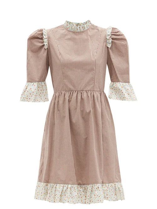 Gingham-check Ruffled Cotton-twill Dress - Womens - Brown Multi