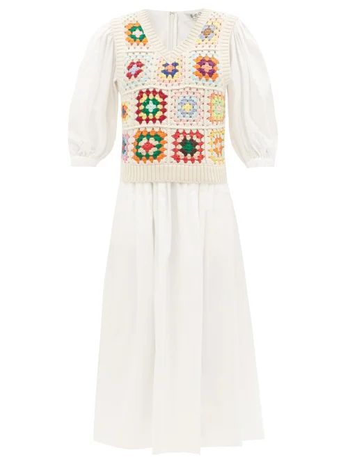 Gabriela Crocheted-vest Cotton-blend Midi Dress - Womens - White Multi