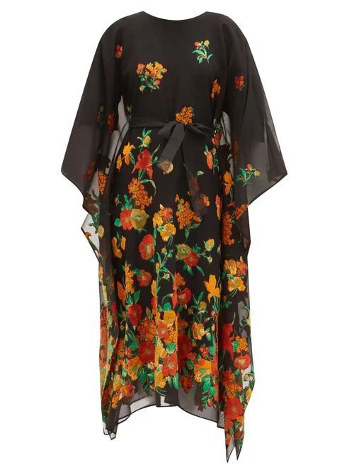 Giardino Floral-jacquard Kaftan Dress - Womens - Black Orange