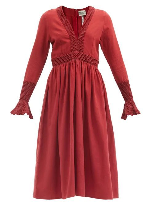 Escvdo - Cora Crochet-trim Cotton Midi Dress - Womens - Dark Red