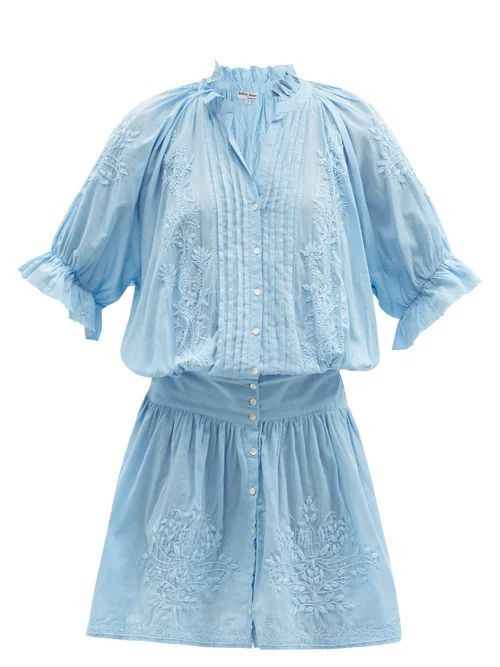 Floral-embroidered Cotton Mini Dress - Womens - Blue