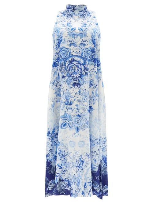 Halterneck High Tea-print Silk Dress - Womens - Blue Print