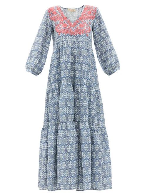 Frangipani Hand-embroidered Linen Maxi Dress - Womens - Blue Print