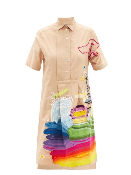 Kilometre Paris - Bilgin Embroidered Cotton Shirt Dress - Womens - Beige