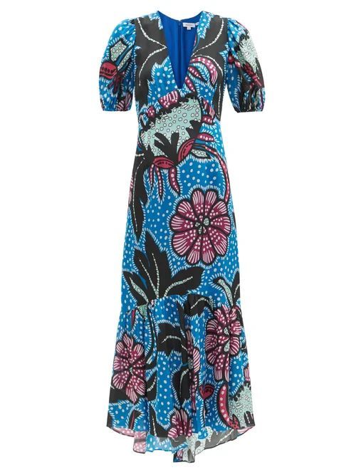 Esther Puff-sleeve Floral-print Poplin Maxi Dress - Womens - Blue Print