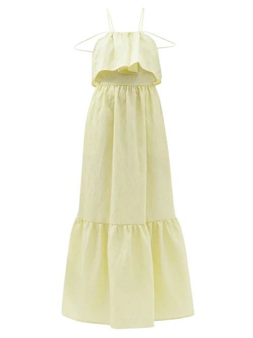 Leaf-jacquard Tiered Cloqué Dress - Womens - Yellow