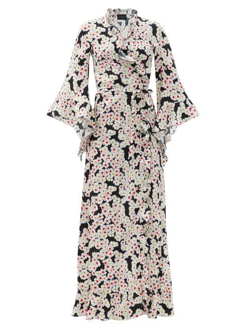 Fluted-sleeve Floral-jacquard Silk Wrap Maxi Dress - Womens - White Multi