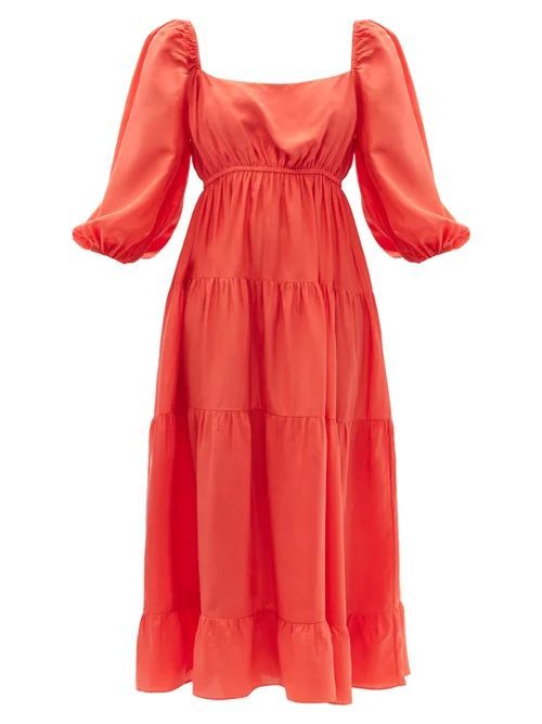 Fannie Tiered Silk-habotai Midi Dress - Womens - Orange