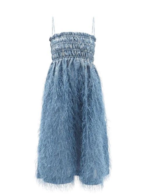 Feather-trim Shirred Brocade Midi Dress - Womens - Mid Blue