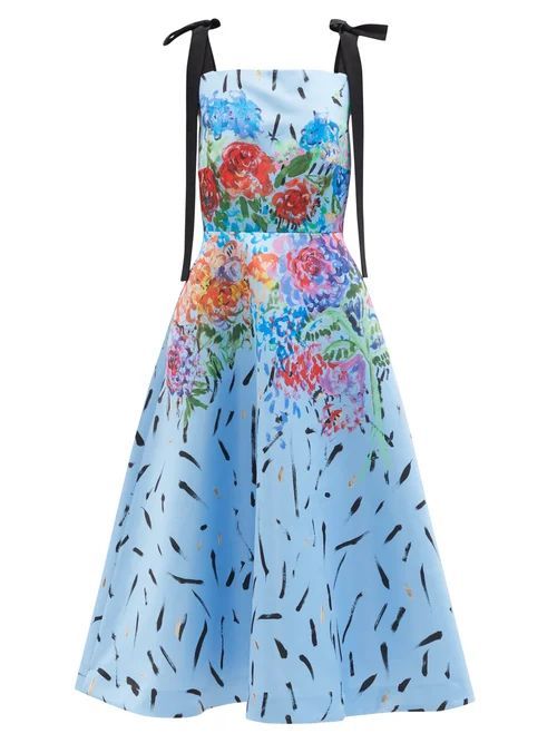 Floral-print Duchess-satin A-line Dress - Womens - Blue Multi