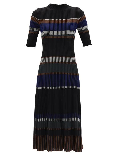 High-neck Lurex-striped Midi Dress - Womens - Black Multi