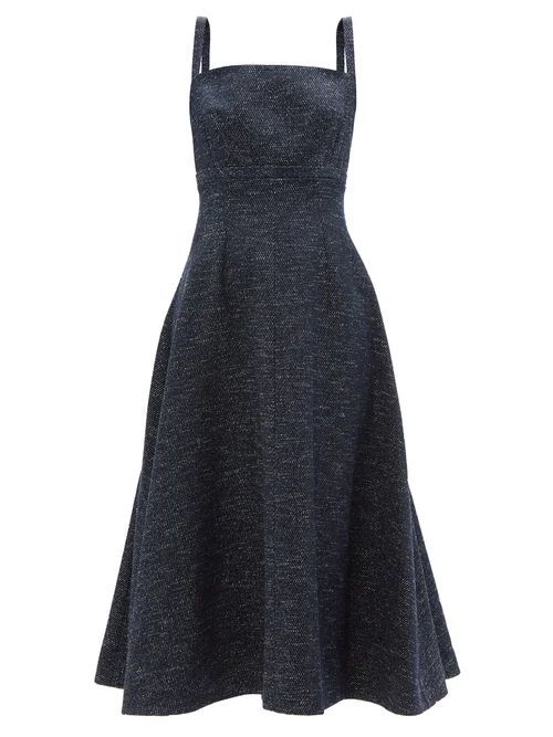 Freya Square-neck Speckled-denim Midi Dress - Womens - Dark Blue