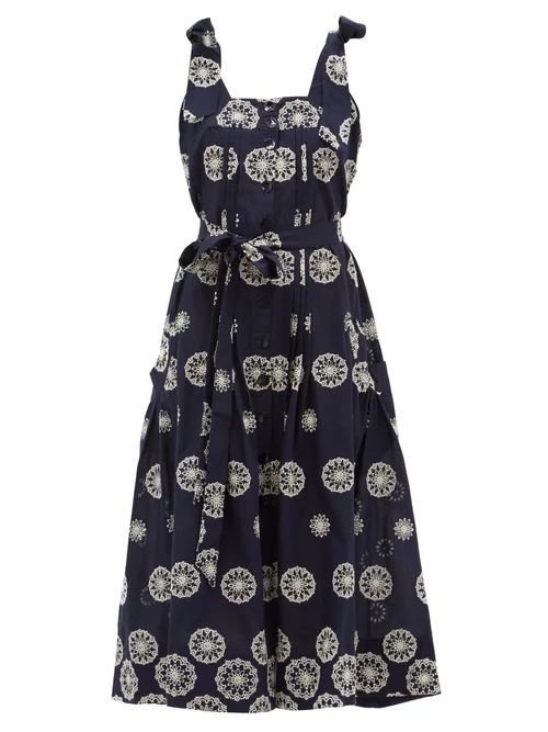 Floral-embroidered Cotton Midi Dress - Womens - Navy