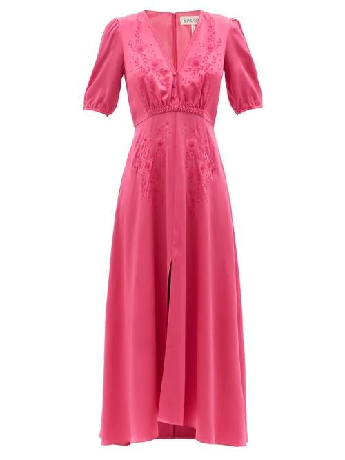 Lea Floral-appliqué Silk-satin Midi Dress - Womens - Pink