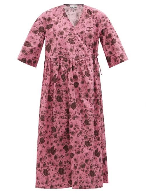 Floral-print Organic-cotton Poplin Midi Wrap Dress - Womens - Pink