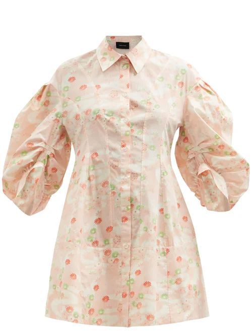 Floral-print Cotton-poplin Shirt Dress - Womens - Light Pink