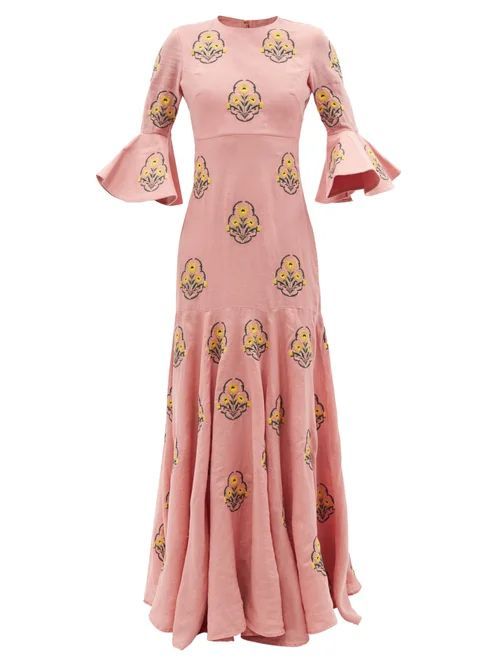 Gardenia Floral-embroidered Linen Maxi Dress - Womens - Pink Multi