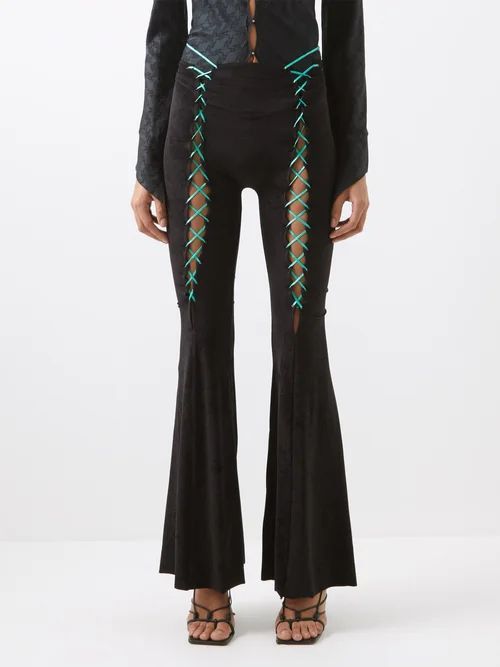 Lace-up Jersey Flared Trousers - Womens - Black Green