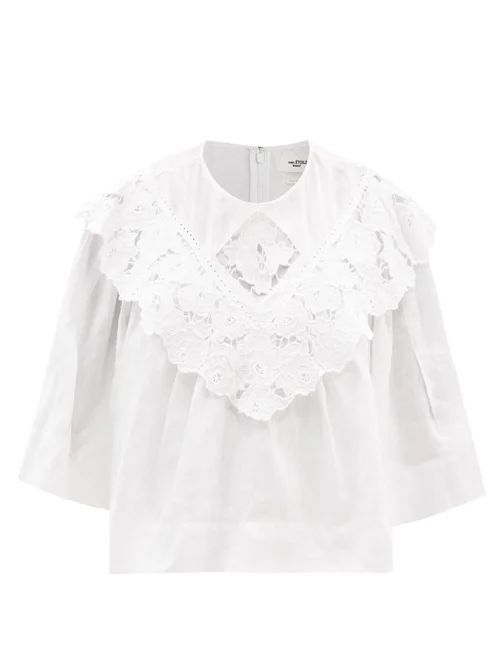 Ezalio Floral-embroidered Linen Blouse - Womens - White