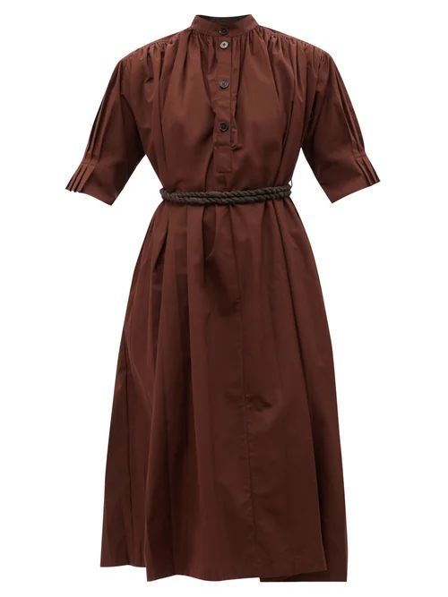 Gathered Belted Cotton-poplin Shirt Dress - Womens - Dark Brown