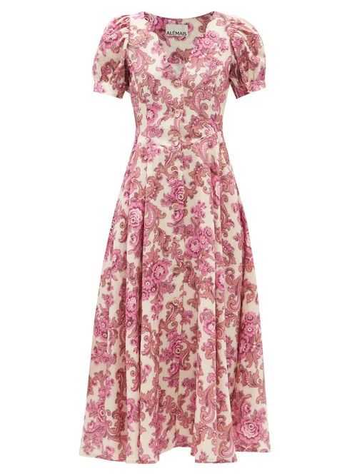 Isla Scalloped-neck Floral-print Linen Dress - Womens - Pink Multi