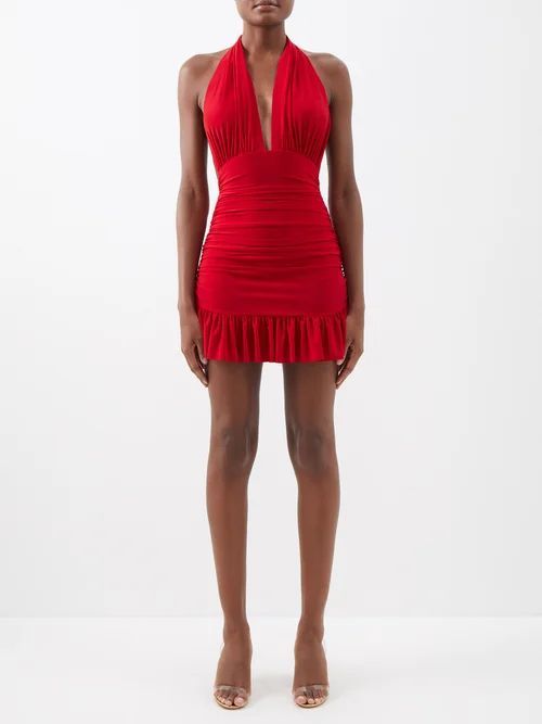 Halterneck Ruched Jersey Mini Dress - Womens - Dark Red
