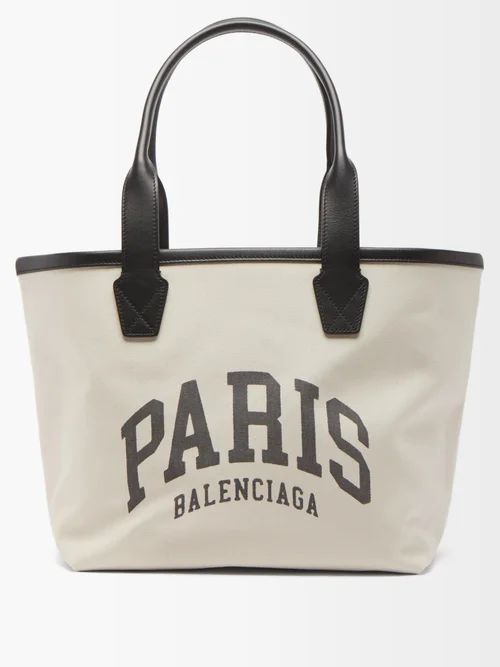 Paris Logo-print Leather-trim Canvas Tote Bag - Womens - Black Cream