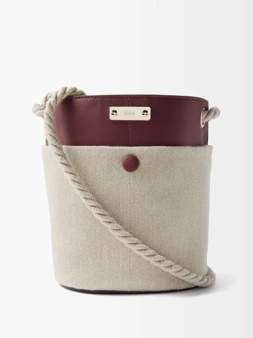 Logo-plaque Linen-twill And Leather Bucket Bag - Womens - Burgundy Beige