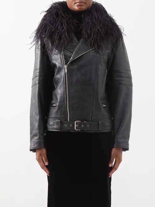 Oversized Feather-trim Leather Biker Jacket - Womens - Black