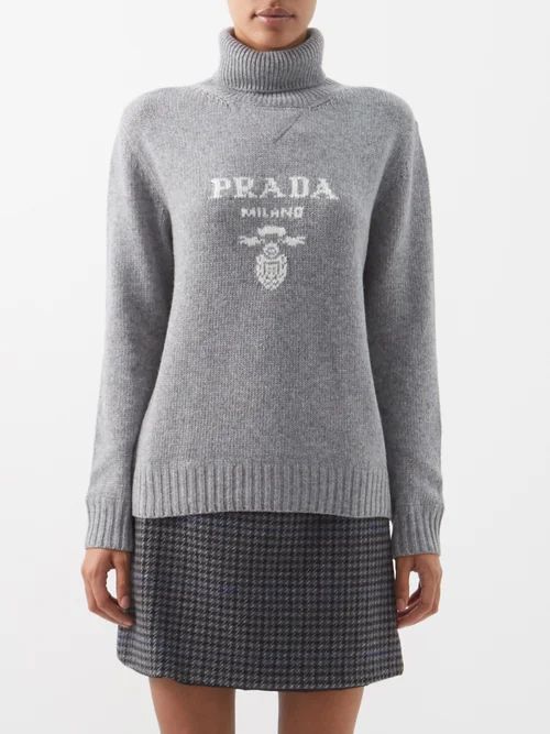 Logo-intarsia Wool-blend Roll-neck Sweater - Womens - Dark Grey