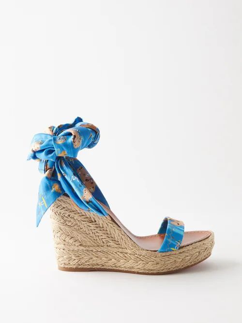 Monica Du Desert 110 Printed Silk Wedge Sandals - Womens - Blue Multi
