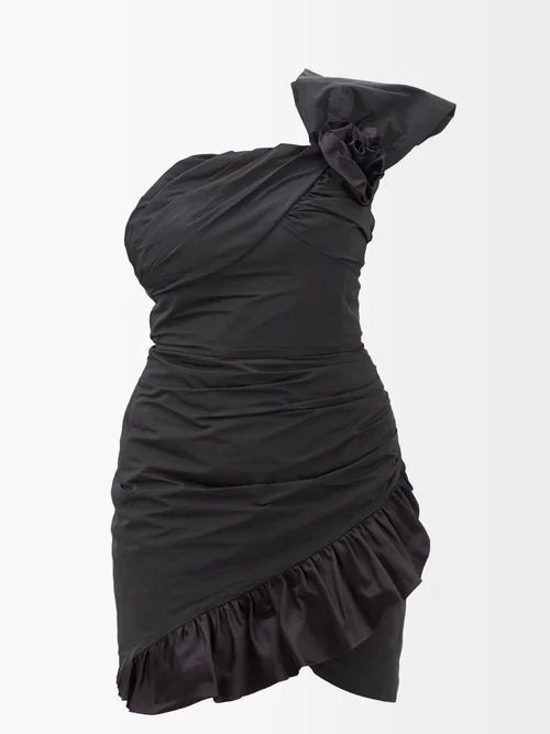 One-shoulder Ruffled Taffeta Dress - Womens - Black