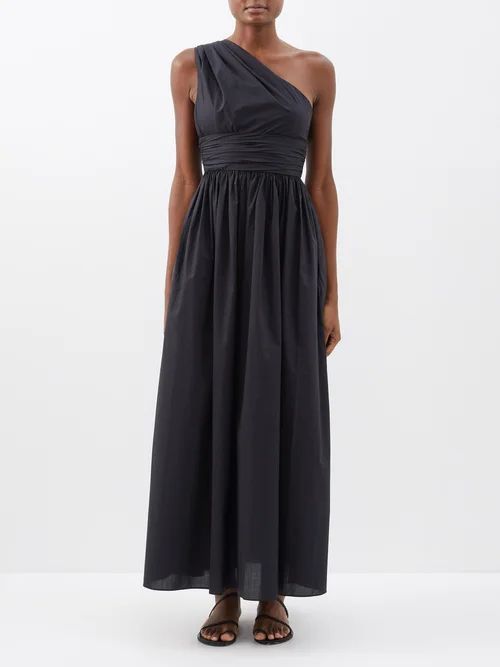 One-shoulder Gathered Organic-cotton Dress - Womens - Black