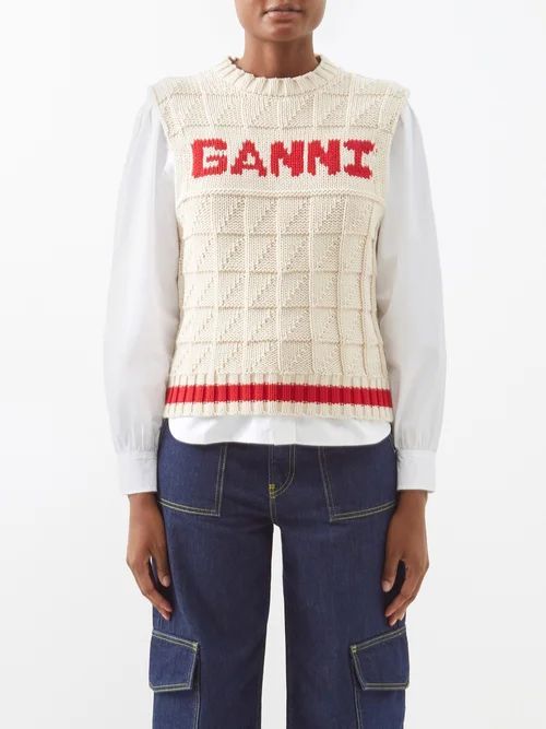 Logo-jacquard Organic Cotton-blend Sweater Vest - Womens - White Red