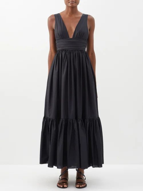 Plunge-neck Gathered Organic-cotton Maxi Dress - Womens - Black