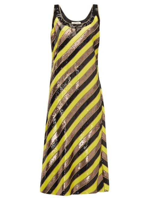 Luisa Scoop-neck Sequin-striped Silk Midi Dress - Womens - Yellow Multi