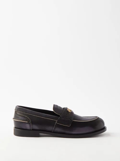 Logo-coin Raw-edge Leather Loafers - Womens - Black