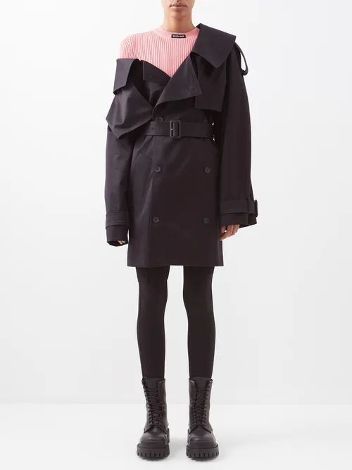 Off-shoulder Cotton-twill Trench Coat - Womens - Black