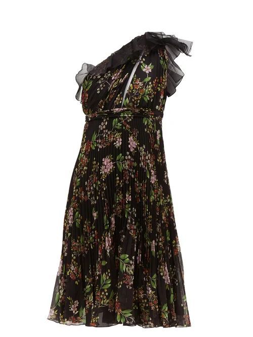 One-shoulder Floral-print Silk-georgette Dress - Womens - Black Multi
