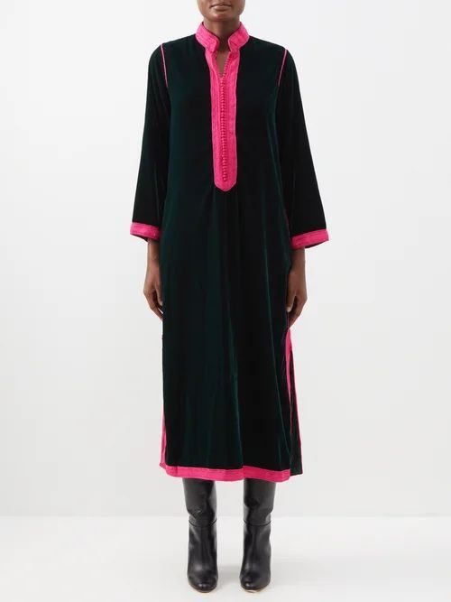 Muzungu Sisters - Alia Woven-trim Velvet Tunic Dress - Womens - Dark Green