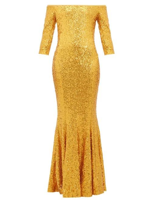 Mermaid-hem Off-the-shoulder Sequinned Dress - Womens - Gold