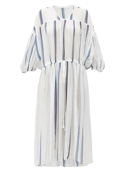 Love Binetti - Monaco Balloon-sleeve Striped Cotton Dress - Womens - White Stripe